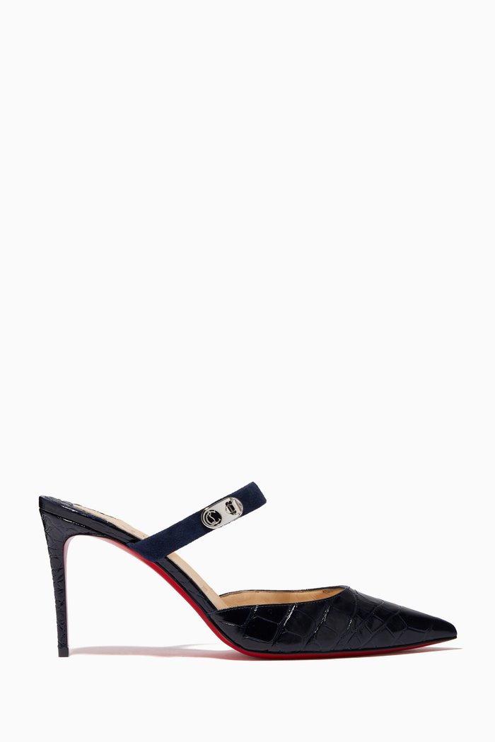 

Choc Lock 85 Mules in Alligator Embossed Leather, Blue