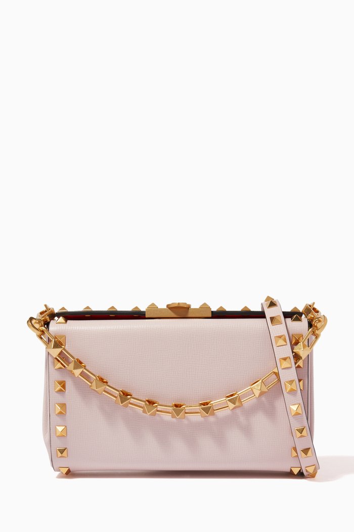 Valentino Garavani Rockstud Alcove Clutch in Grainy Calfskin, Pink