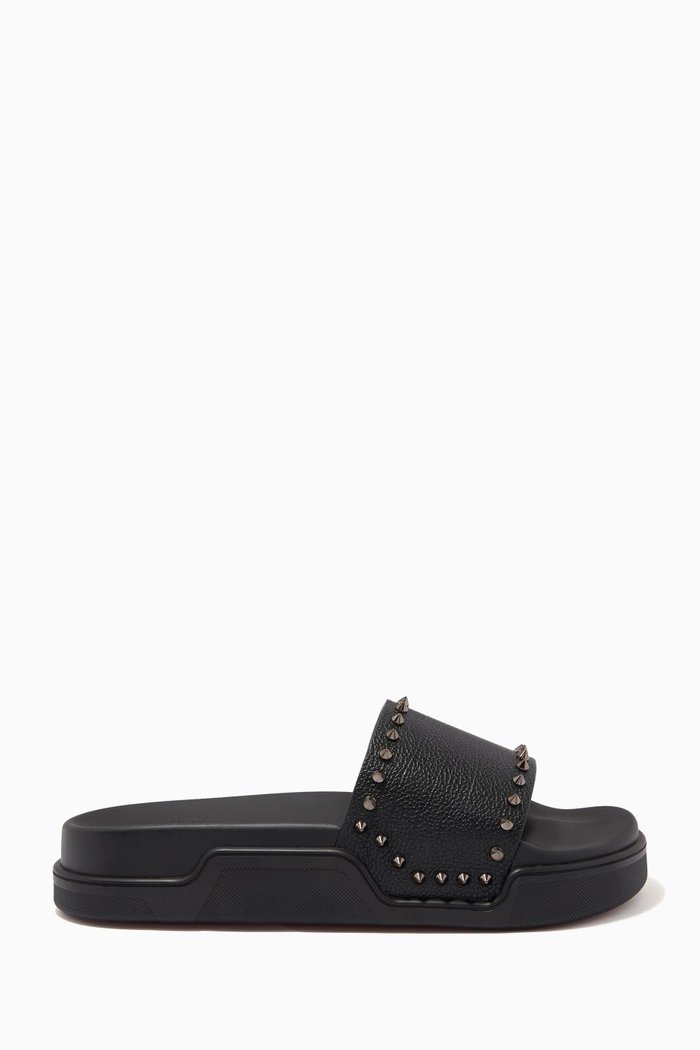 Pool Stud Sandals in Grained Calfskin, Black