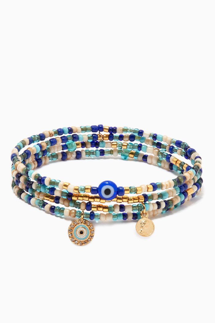 

Handmade Evil Eye Beaded Bracelet, Set of 4, Blue