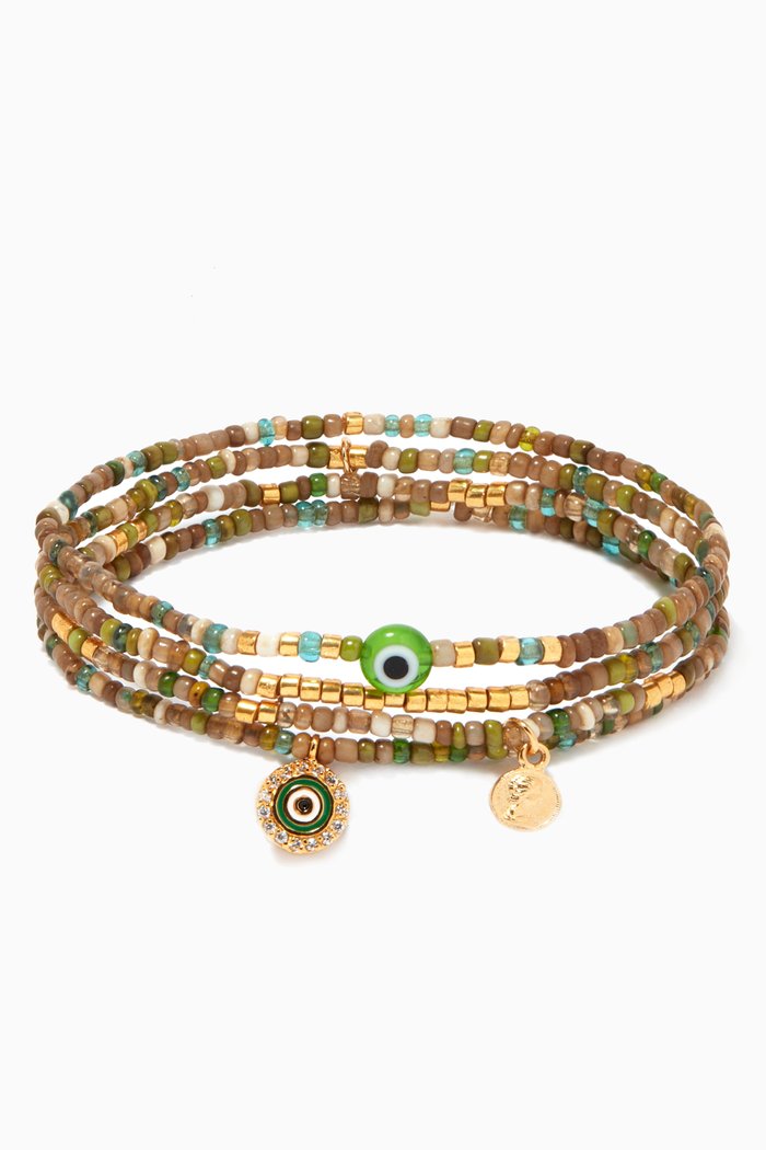 

Handmade Evil Eye Beaded Bracelet, Set of 4, Brown