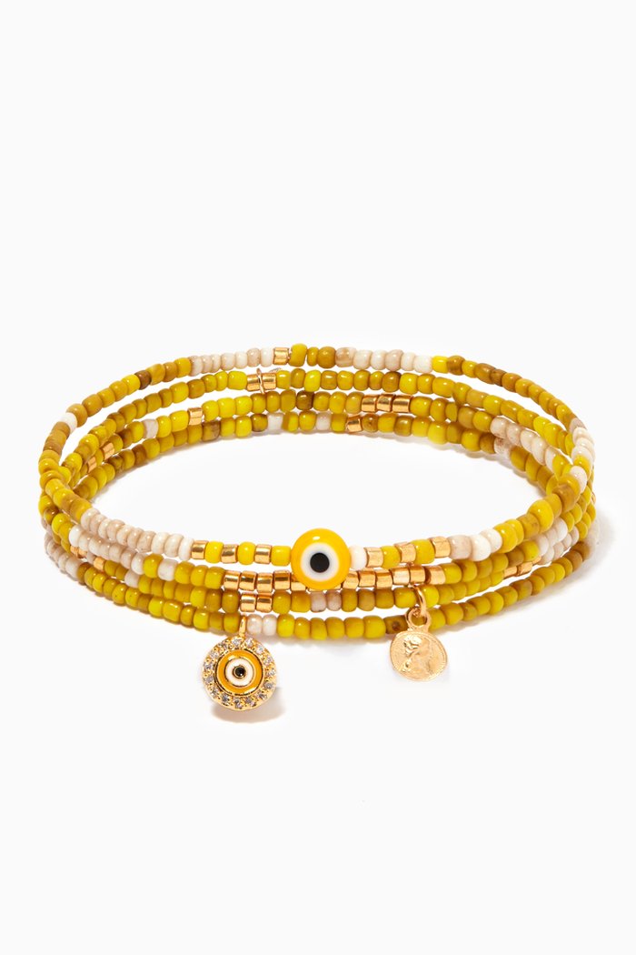 

Handmade Evil Eye Beaded Bracelet, Set of 4, Yellow