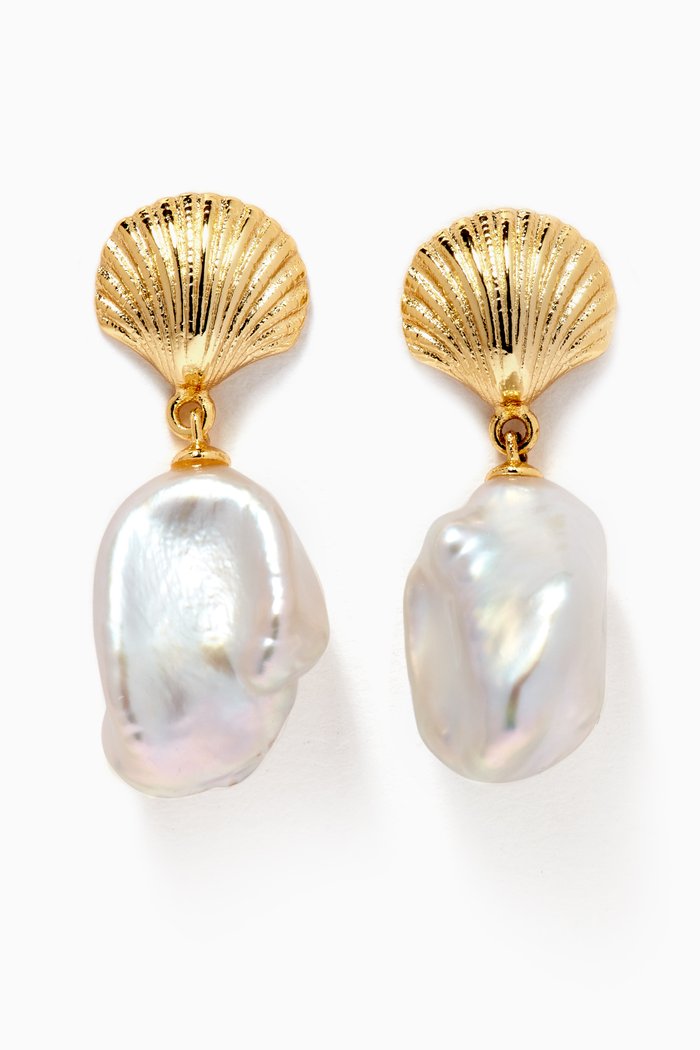 

Shell Pearl Drop Earrings, Gold