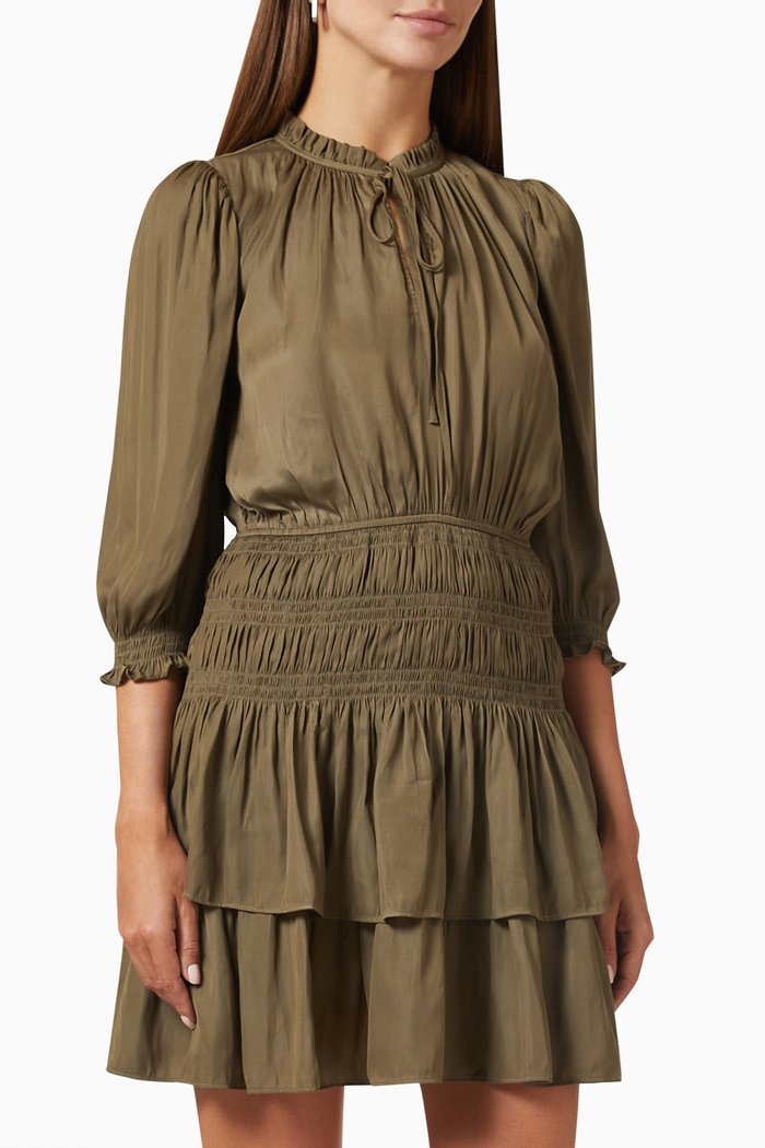 Smocked Mini Dress in Satin, Green
