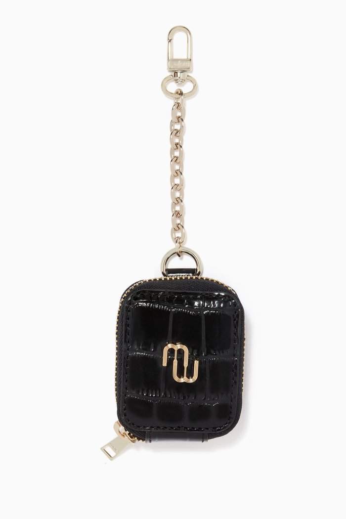 

Double Logo Earphone Case in Embossed Leather, Black