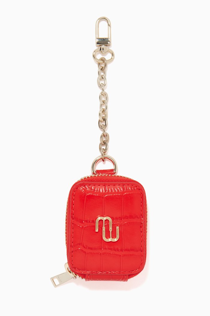 

Double Logo Earphone Case in Embossed Leather, Red
