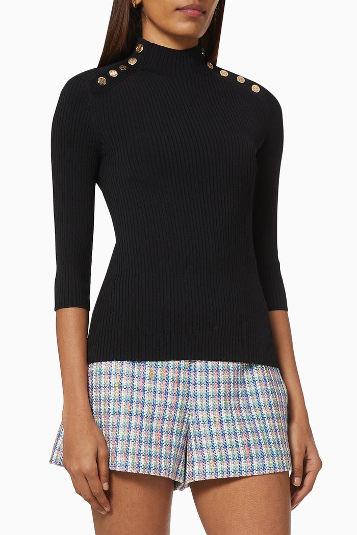 

Ribbed Knit Sweater with Buttons, Black
