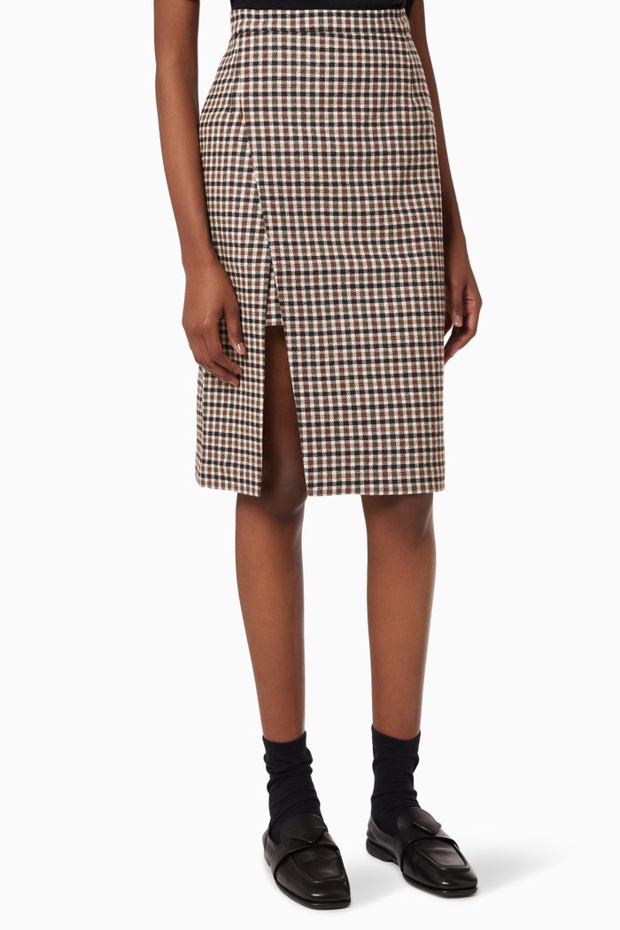 Josselin Checked Tailored Skirt with Slit, Brown