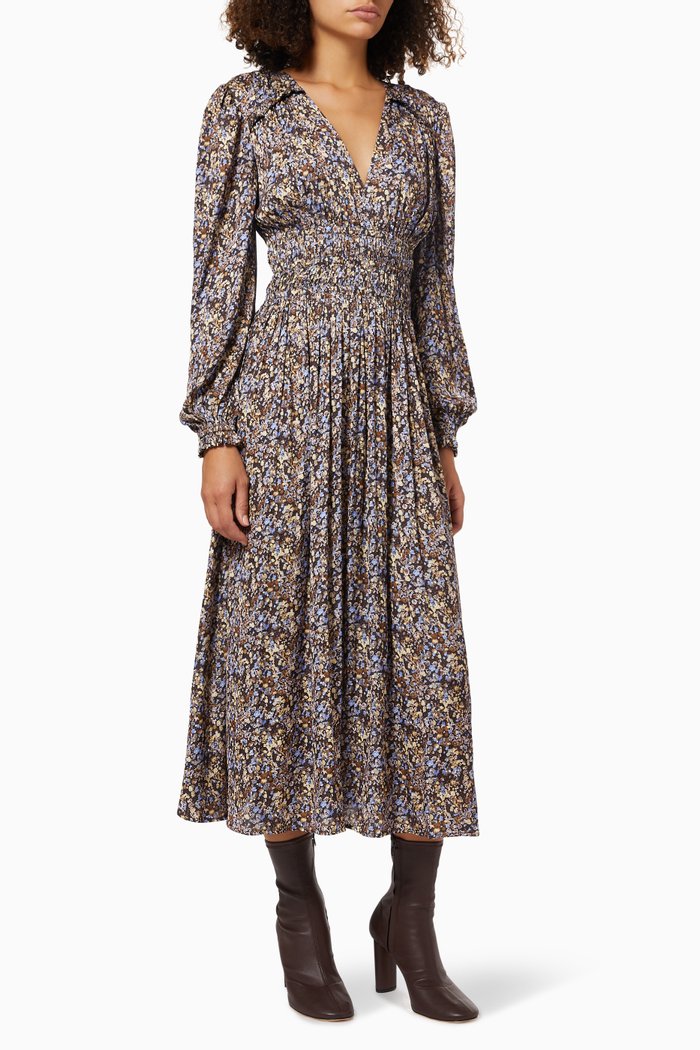 Rianelie Floral Midi Dress in Viscose, Burgundy