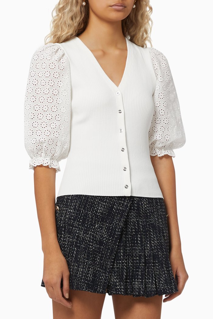 

Knit Sweater with Guipure Sleeves, White