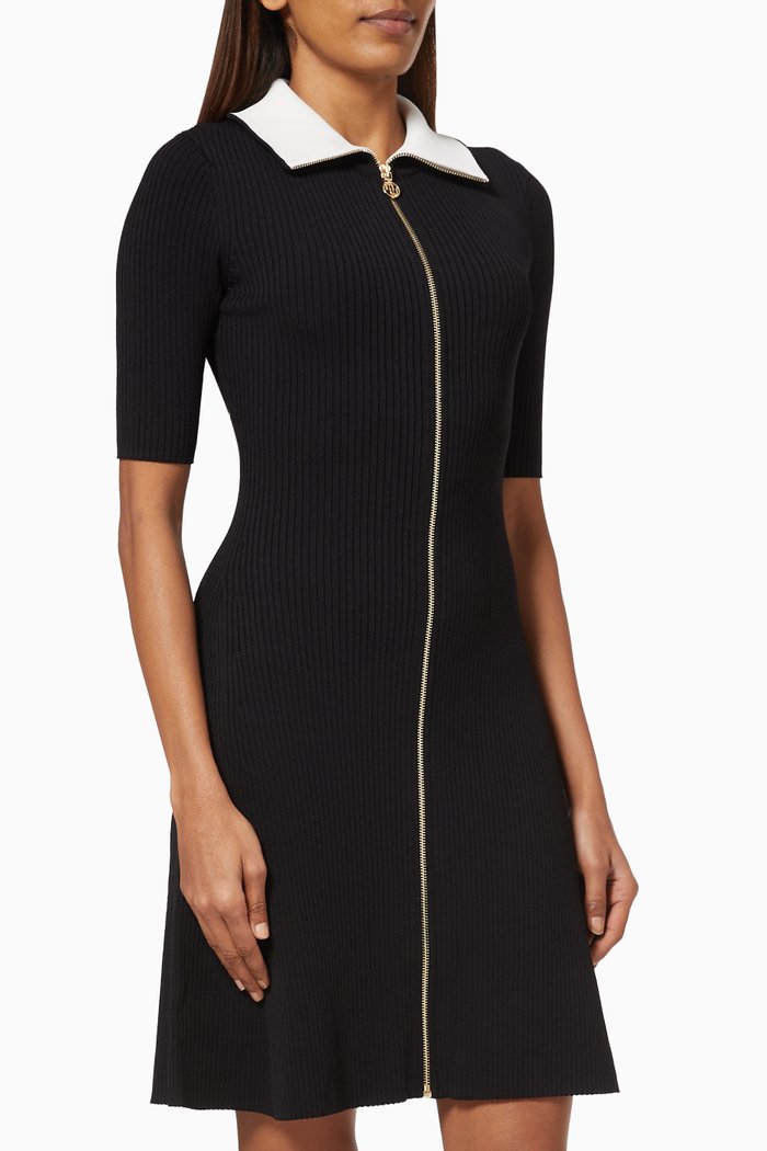 

Ribbed Knit Dress with Zip Collar, Black