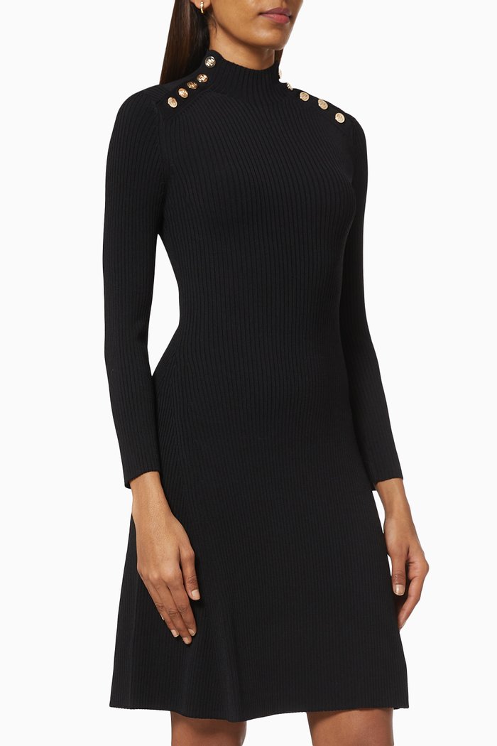 

Ribbed Knit Dress with Buttons, Black