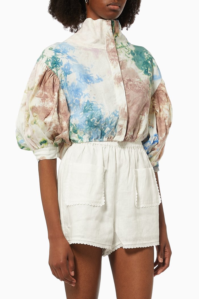 

Puff Sleeve Cropped Bomber in Sustainable Linen, Blue