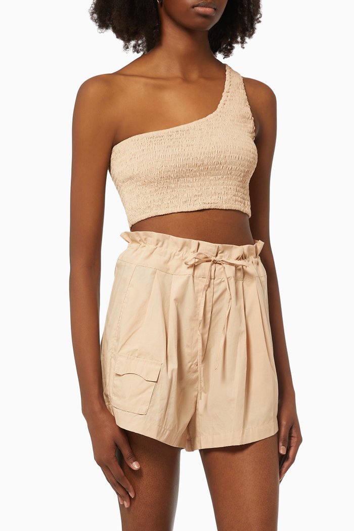 Asymmetric Crop Top in Shirred Cotton, Pink