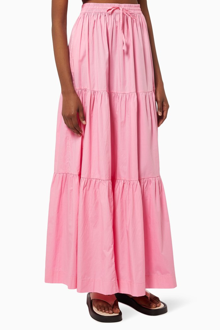 

A-line Tiered Maxi Skirt in Cotton, Pink