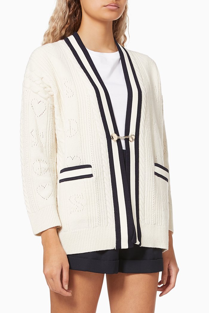 

Open Front Cardigan in Cable Knit Wool, White