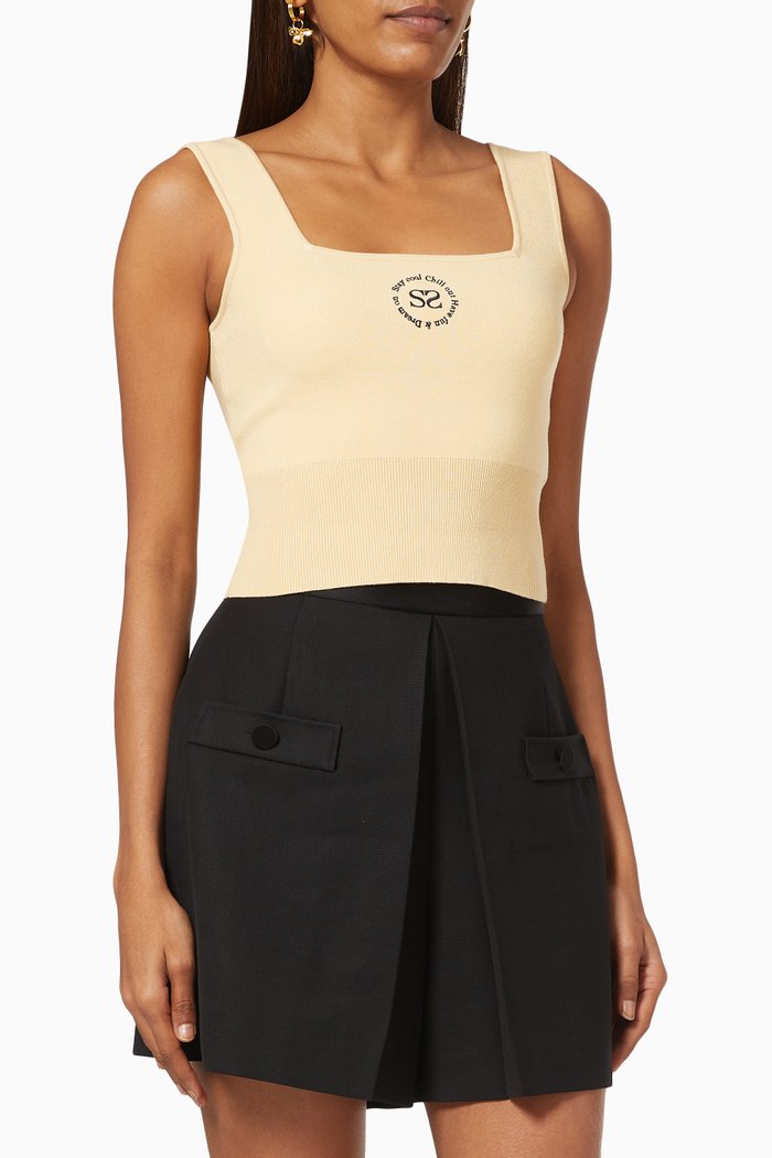 

Logo Embroidered Crop Top in Cotton Knit, Yellow