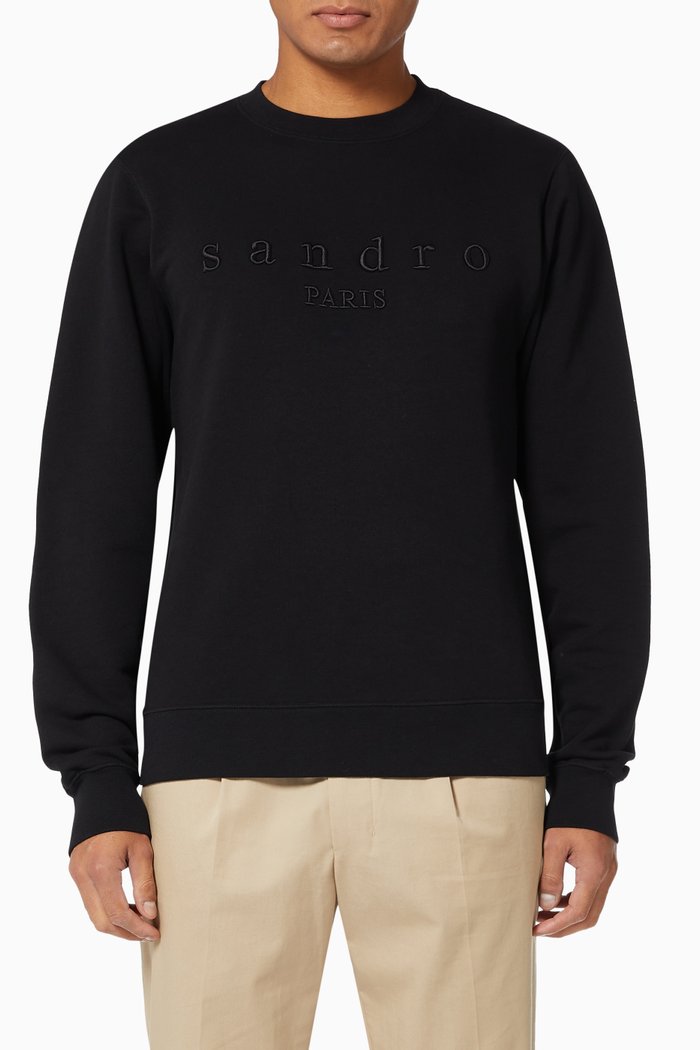Logo Embroidery Sweatshirt in Cotton Fleece, Black
