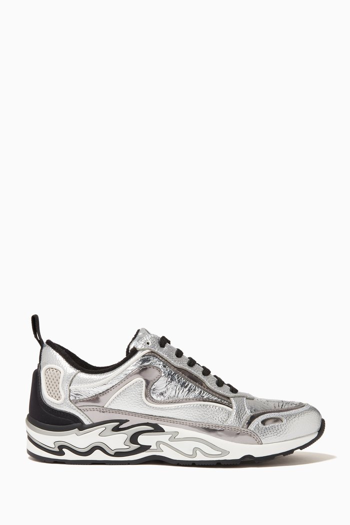

Flame Sneakers in Mixed Leather, Silver