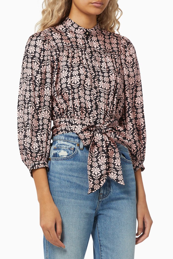 

Floral Print Self-tie Top in Cotton, Black