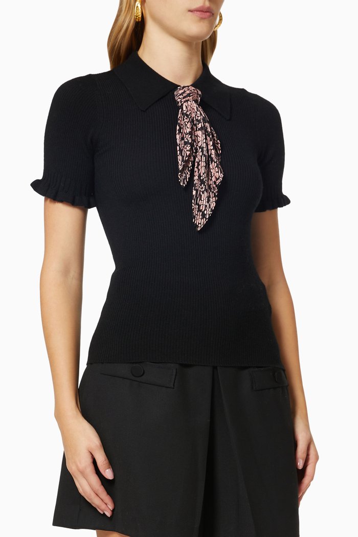 

Detachable Silk Scarf Top in Ribbed Knit, Black