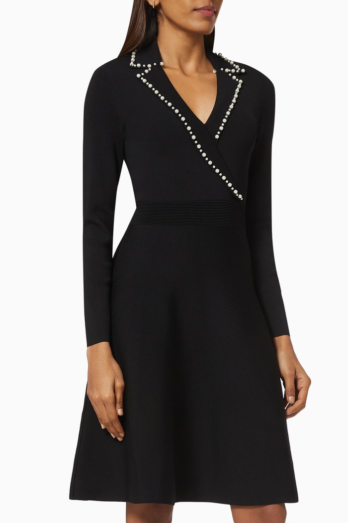 

Beaded Collar Dress in Viscose Knit, Black