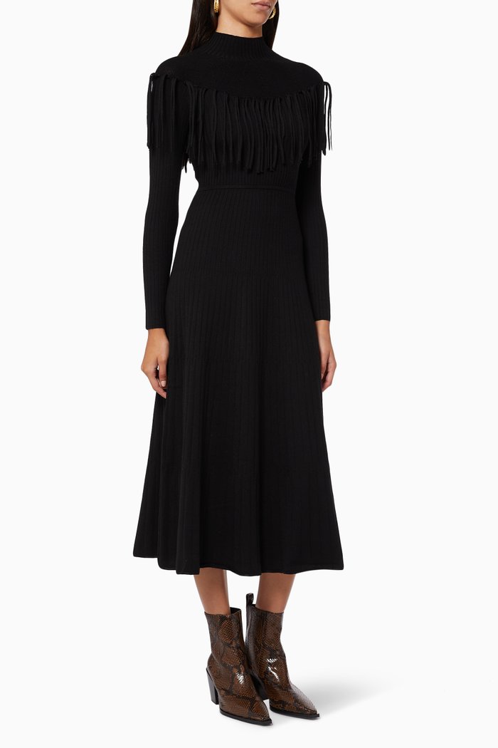 

Fringed Midi Dress in Cotton Knit, Black