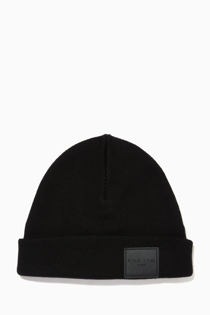

Logo Patch Beanie in Ribbed Knit, Black
