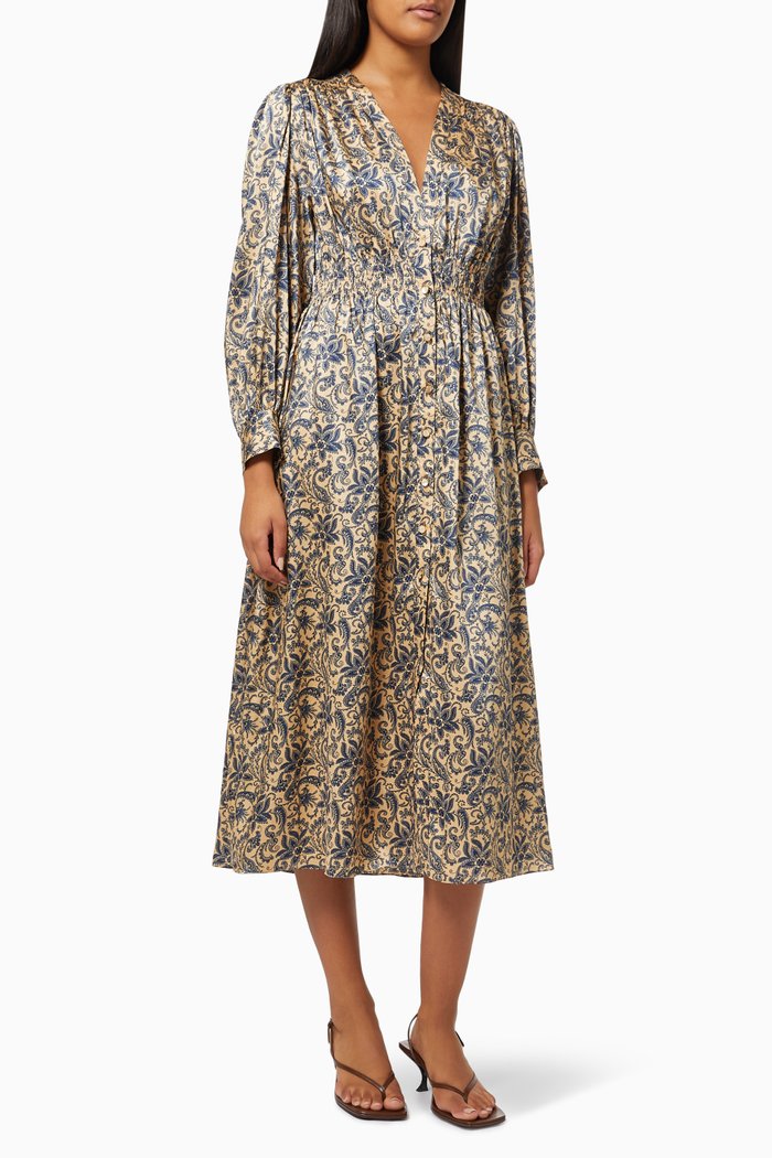 

Flowing Midi Dress in Printed Crepe, Gold