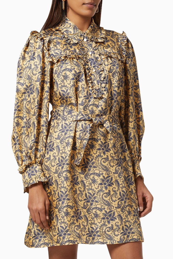 

Printed Mini Dress in Cotton, Gold