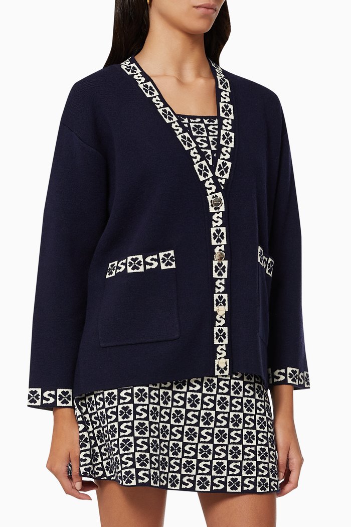 

Buttoned Coatigan in Jacquard Knit, Blue