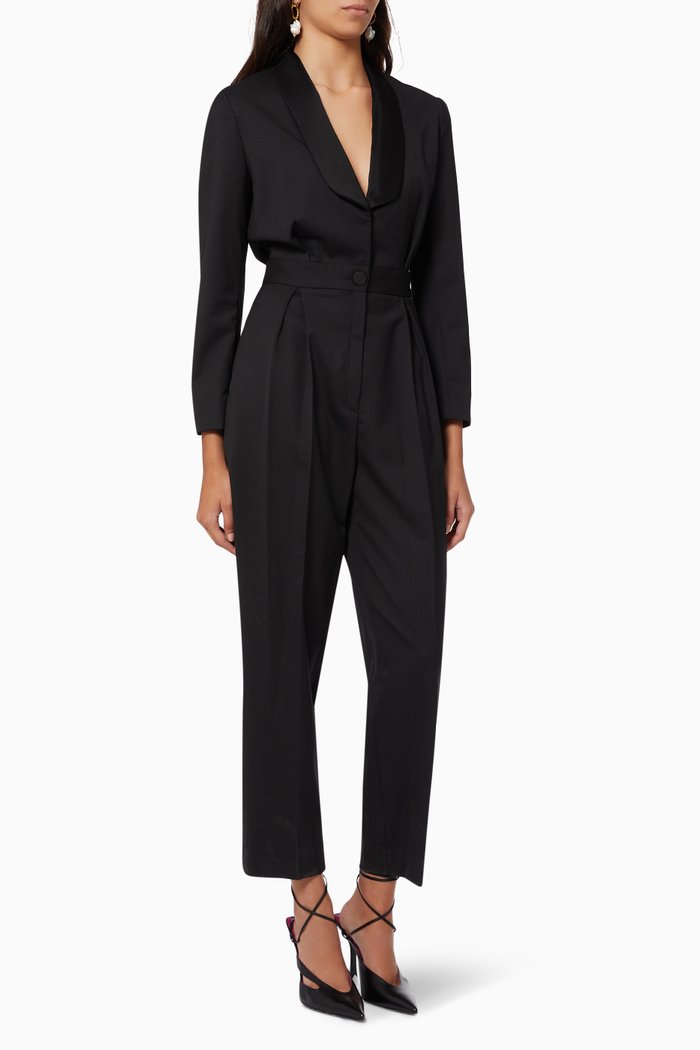 

Shawl Collar Jumpsuit in Wool Blend, Black