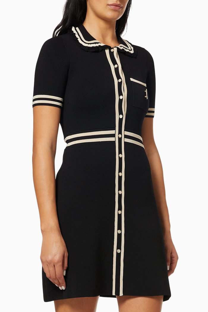 

Shirt Collar Mini Dress in Viscose Blend Knit, Black