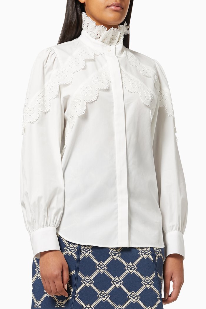

Jabot Collar Lace Shirt in Cotton Poplin, White