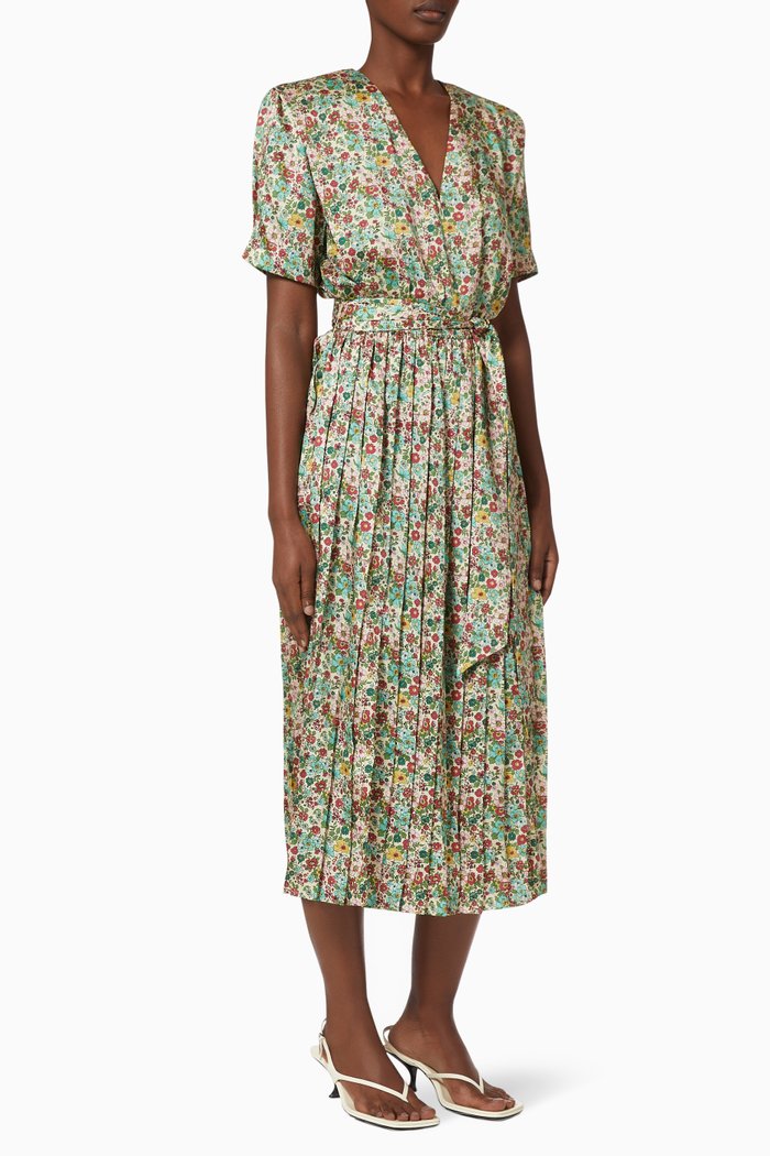Floral Print Midi Dress in Satin, Green