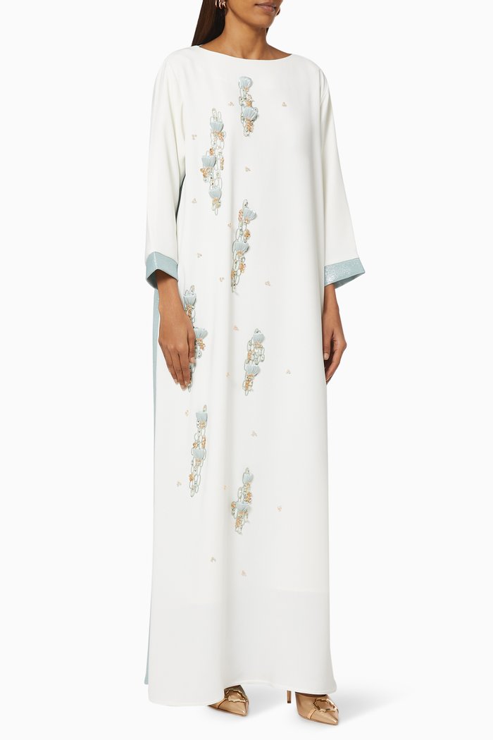 

Two-tone Embroidered Kaftan in Crepe, White