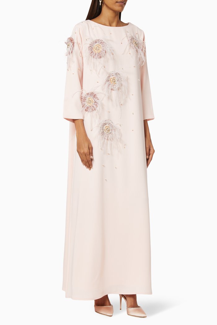 

Feather Embroidered Kaftan in Crepe, Pink
