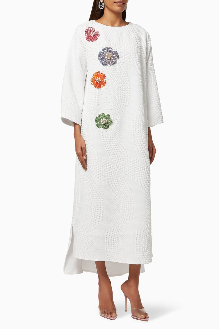 

Floral Textured Kaftan in Cotton, White