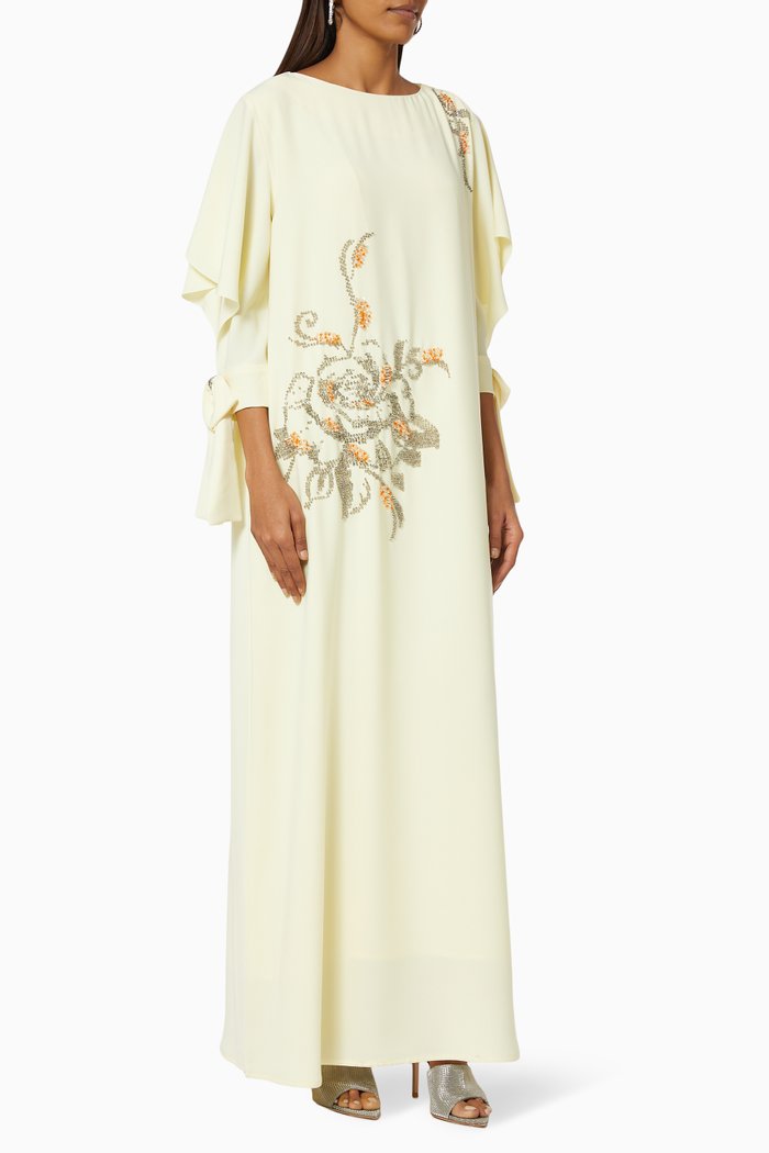 

Floral Embroidered Kaftan in Crepe, Yellow