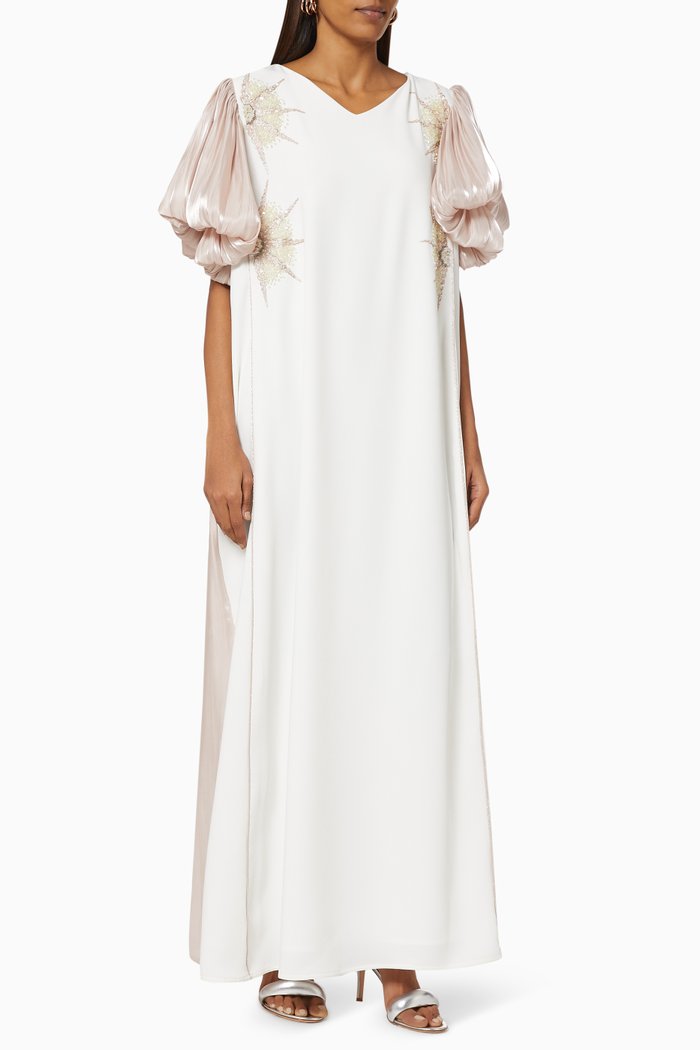 

Two-toned Embroidered Kaftan in Crepe, White