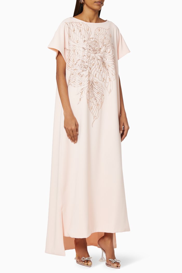 

Floral Embroidered Kaftan in Crepe, Pink