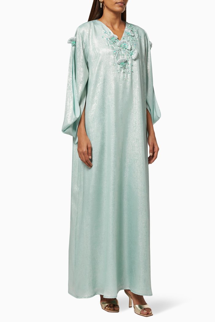 Sequin Embroidered Kaftan in Metallic Crepe, Blue