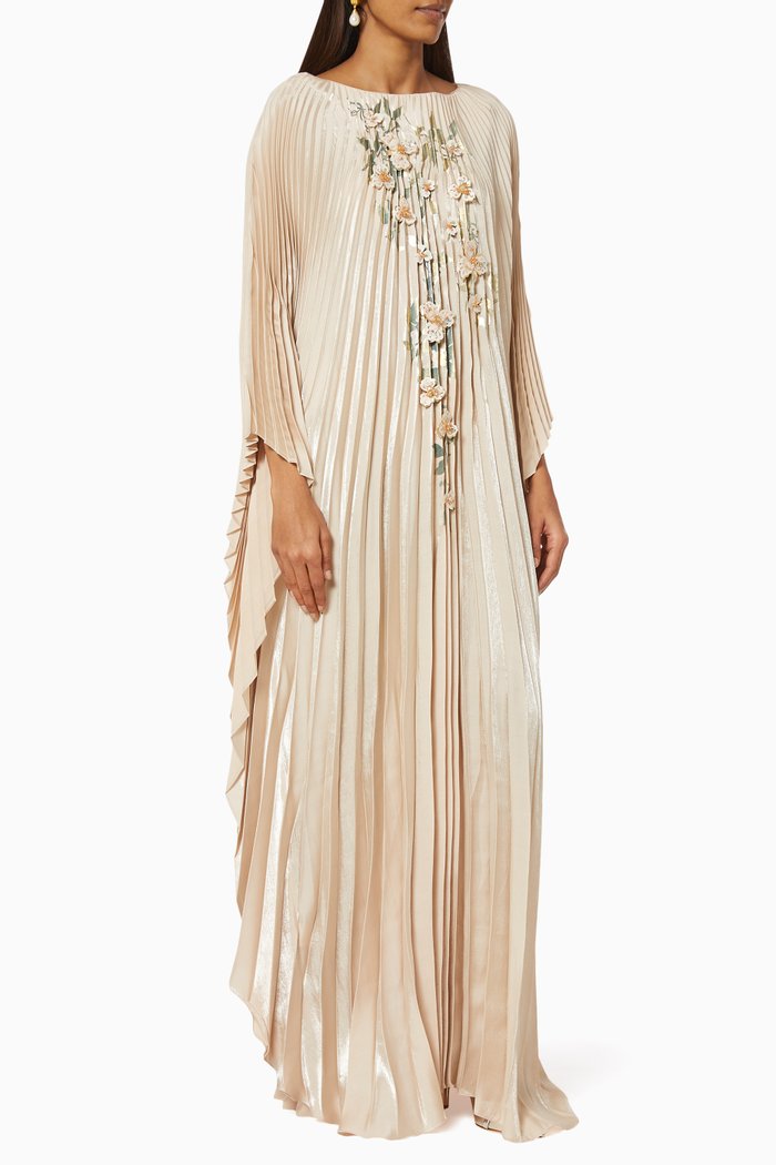 

Embroidered Pleated Kaftan in Satin, Gold