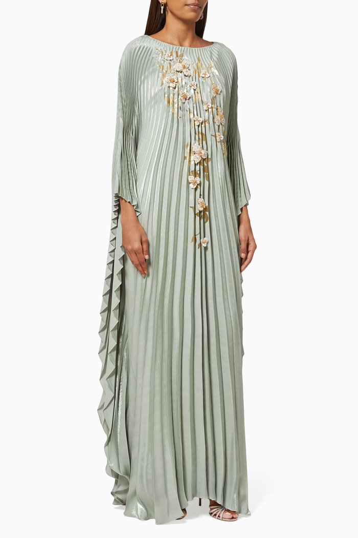 

Embroidered Pleated Kaftan in Satin, Blue