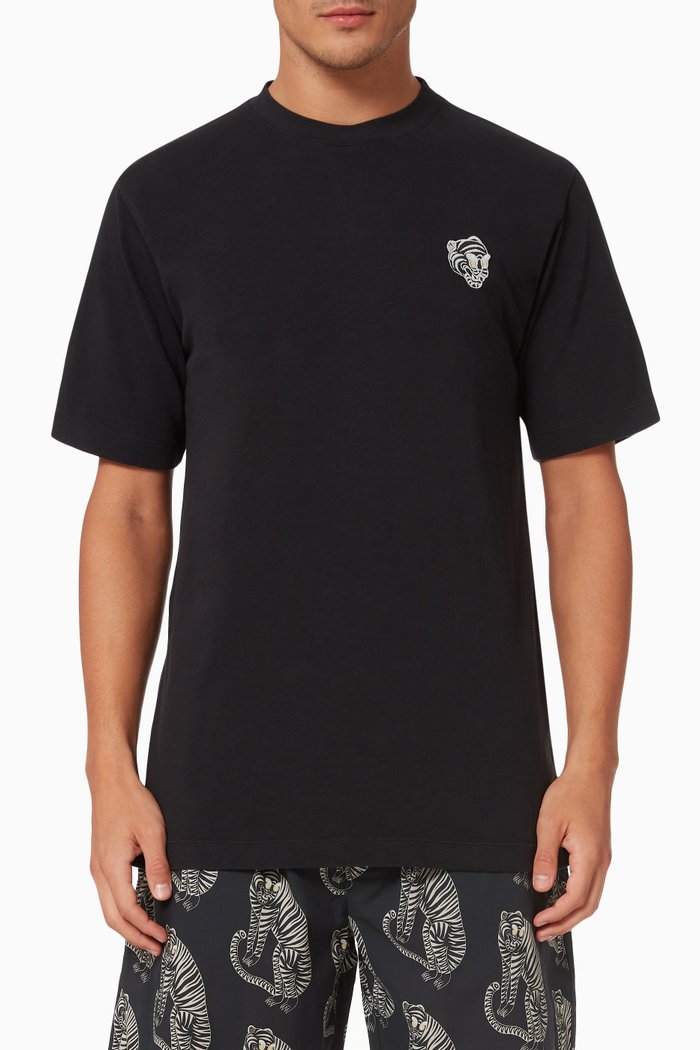

T-shirt with Tiger Embroidery in Cotton, Black