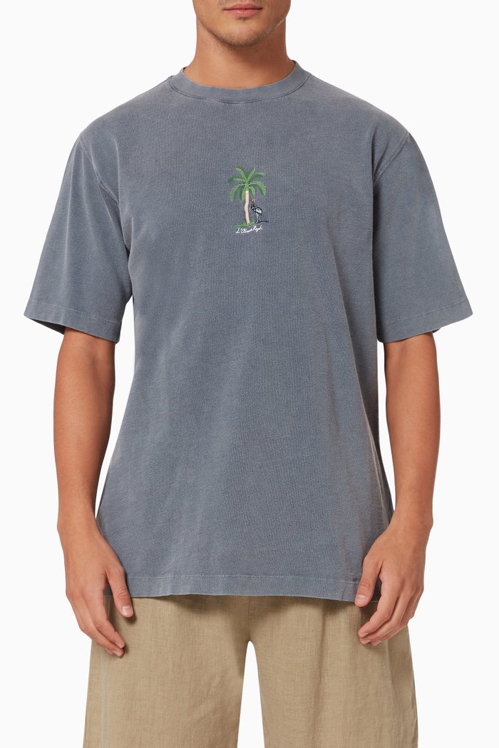 

T-shirt with Palm Embroidery in Washed Cotton, Grey