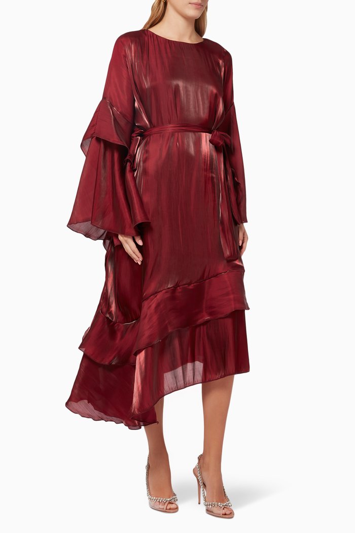 

Tiered Belted Dress in Silk, Burgundy