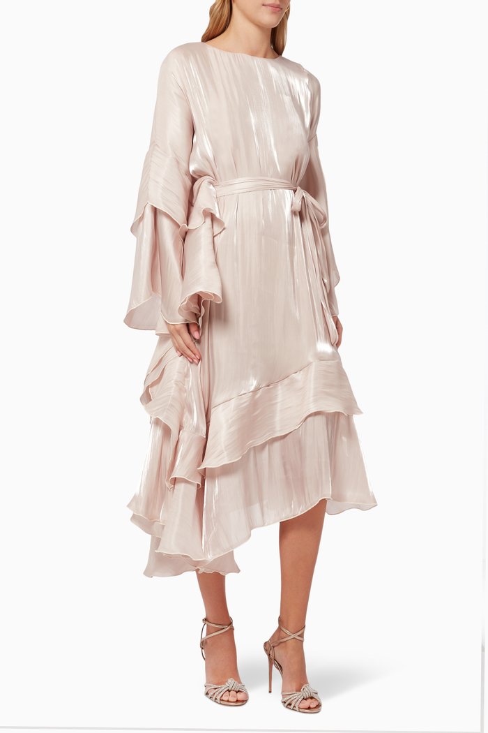 

Tiered Belted Dress in Silk, Pink