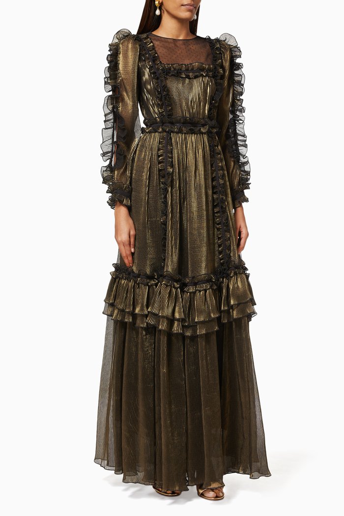 

Metallic Ruffle Dress with Belt, Black