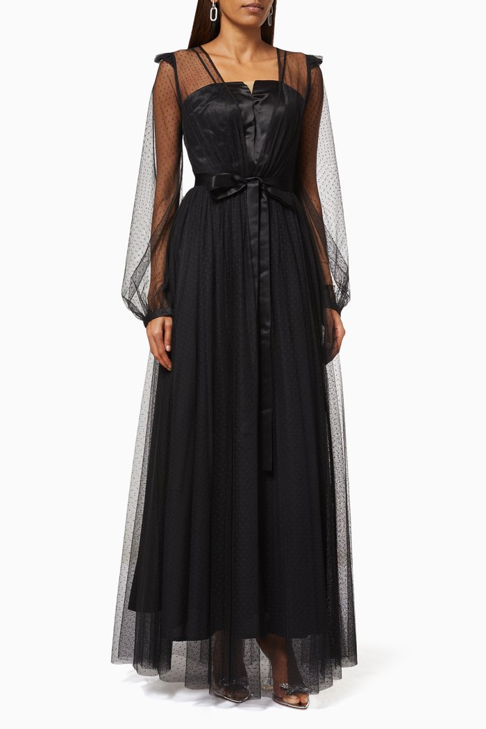 

Mesh Sleeve Dress in Satin, Black